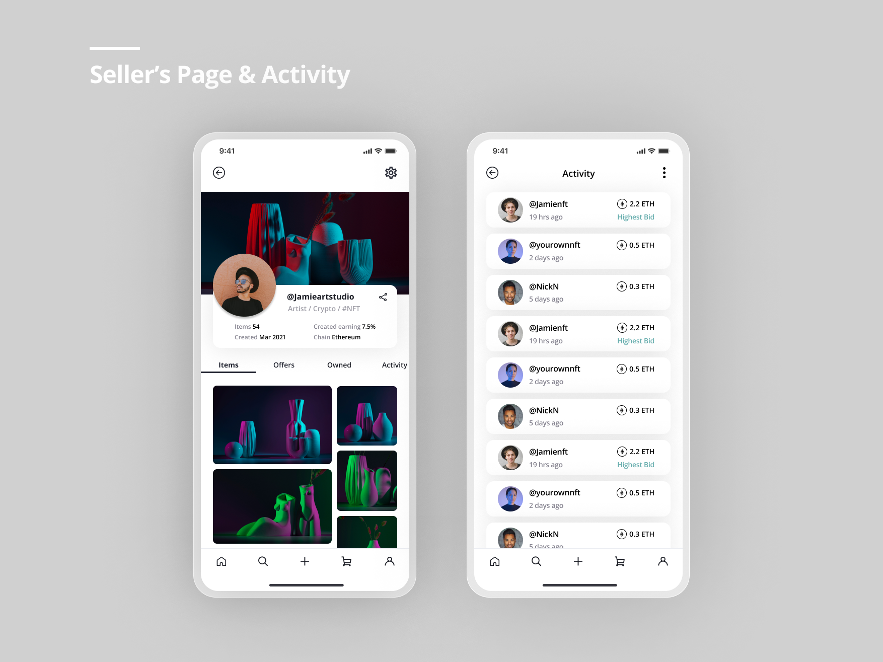 Seller Page and Activity Screens