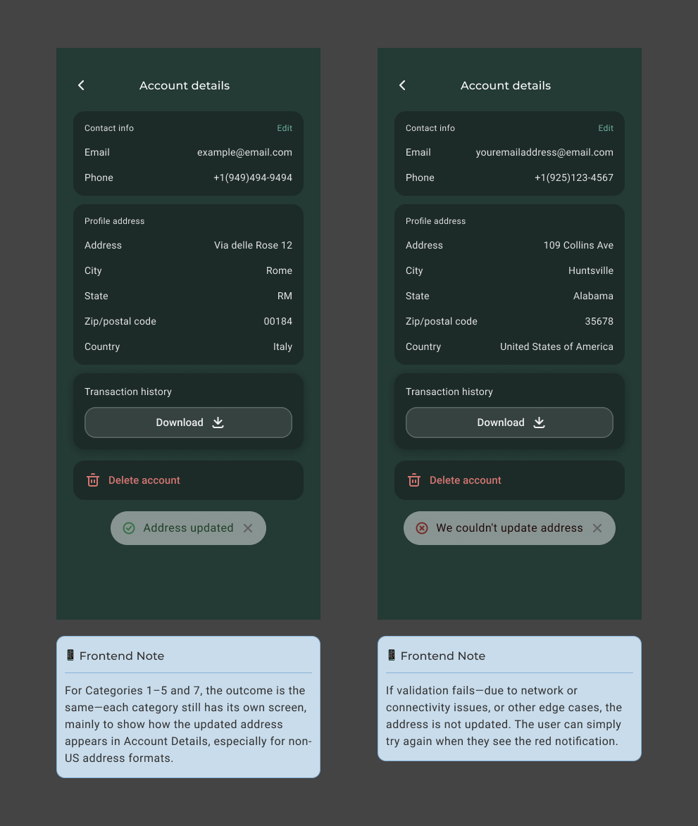 Address updated and cannot update